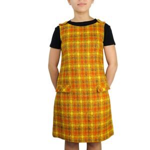 1970s Vintage Handmade Retro Plaid Orange Yellow Overall Dress Mini Dress Small